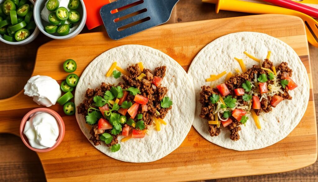 assembling beef quesadillas