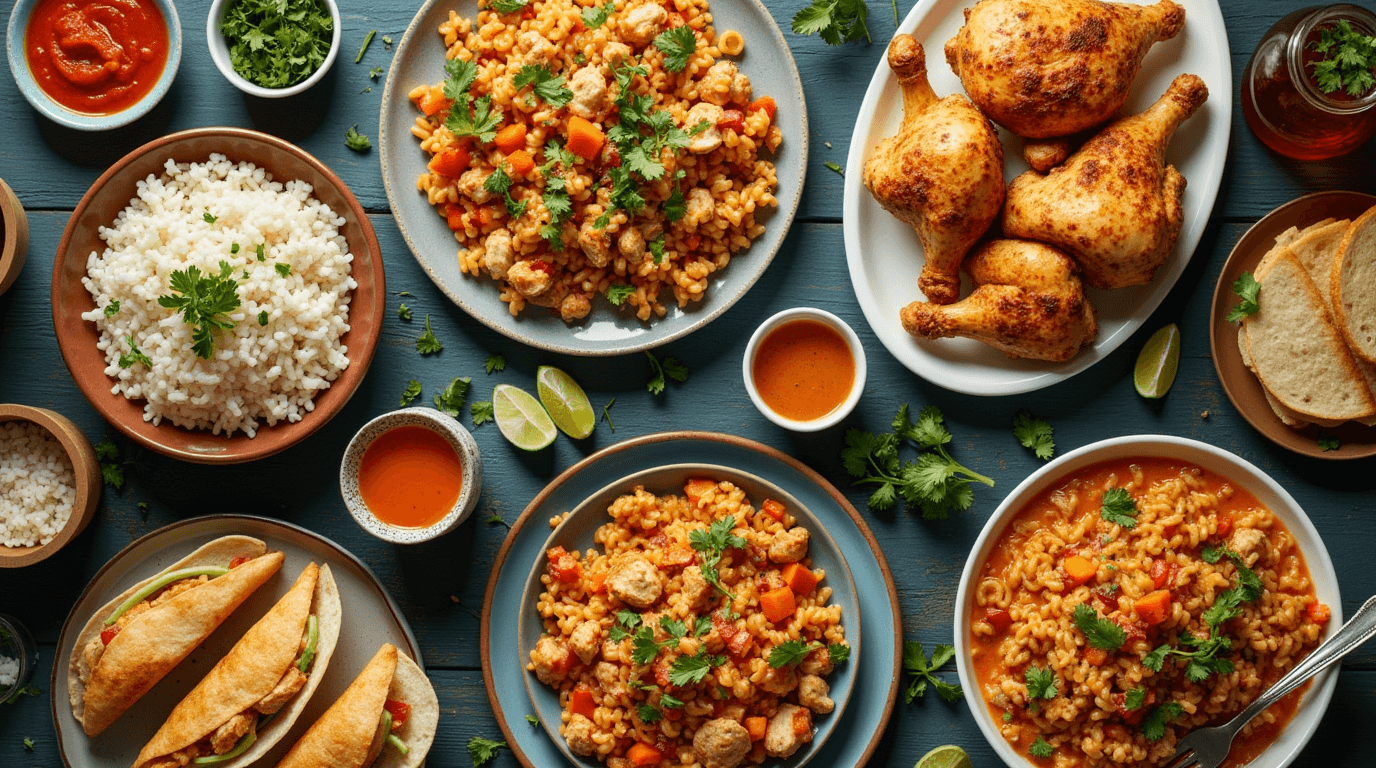 A variety of dishes made with leftover rotisserie chicken, including tacos, salad, soup, and casserole, displayed on a rustic wooden table.