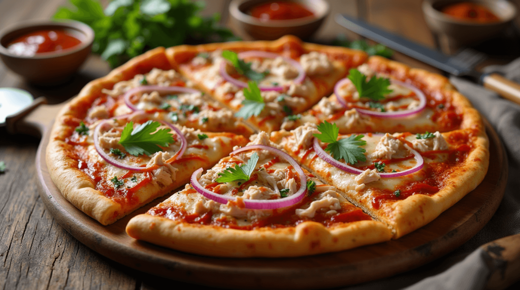 A freshly baked rotisserie chicken pizza with a golden crust, topped with shredded chicken, melted mozzarella cheese, red onions, barbecue sauce drizzle, and fresh cilantro, served on a rustic wooden board.