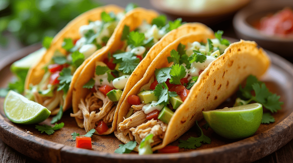 Soft flour tortillas filled with shredded rotisserie chicken, fresh salsa, lettuce, diced avocado, sour cream, and cilantro, served with lime wedges and a side of salsa on a rustic plate.